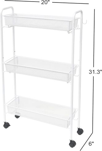 3-Tier Slim Rolling Storage Cart with Wheels, White, 20x6x31.3 Inch, Side Hooks, Mobile Utility Organizer for Bathroom, Kitchen, Laundry in Saudi Arabia