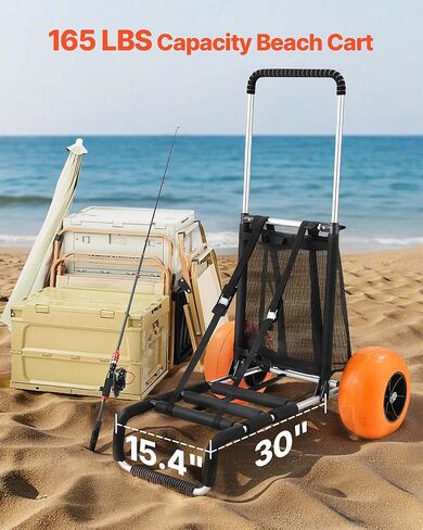 Beach Dolly with 12" Solid Plastic Wheels, 29.9"x15.4" Cargo Deck, 165lb Capacity, Adjustable 27-44.7" Height, Rust-Resistant Aluminum Folding Sand Cart for Beach, Camping, Fishing in Kuwait