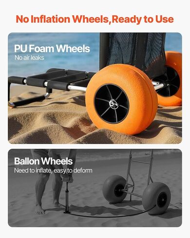 Beach Dolly with 12" Solid Plastic Wheels, 29.9"x15.4" Cargo Deck, 165lb Capacity, Adjustable 27-44.7" Height, Rust-Resistant Aluminum Folding Sand Cart for Beach, Camping, Fishing in Kuwait