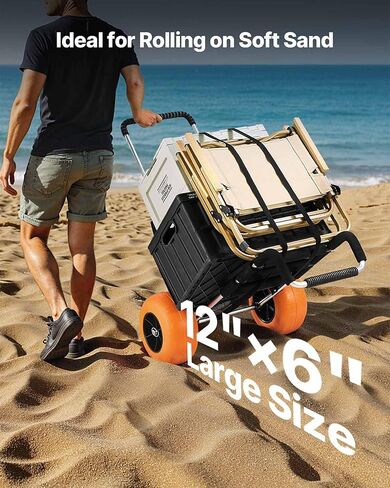 Beach Dolly with 12" Solid Plastic Wheels, 29.9"x15.4" Cargo Deck, 165lb Capacity, Adjustable 27-44.7" Height, Rust-Resistant Aluminum Folding Sand Cart for Beach, Camping, Fishing in Kuwait