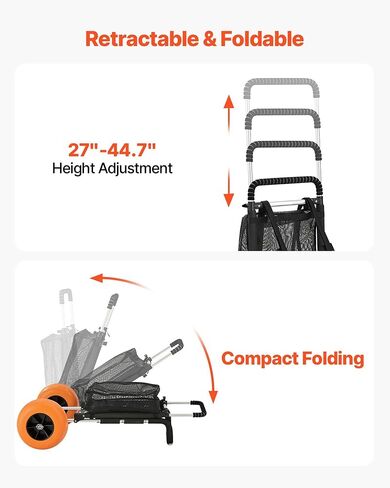 Beach Dolly with 12" Solid Plastic Wheels, 29.9"x15.4" Cargo Deck, 165lb Capacity, Adjustable 27-44.7" Height, Rust-Resistant Aluminum Folding Sand Cart for Beach, Camping, Fishing in Kuwait