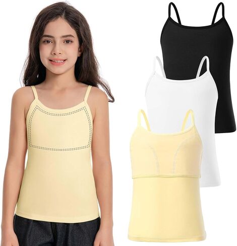 Femdouce 3-4 Pack Girls Cotton Camisole Training Bras Sleeveless Cami Tank Tops with Shelf Bra for Teens Girl(Ages 6-16Years) in Kuwait