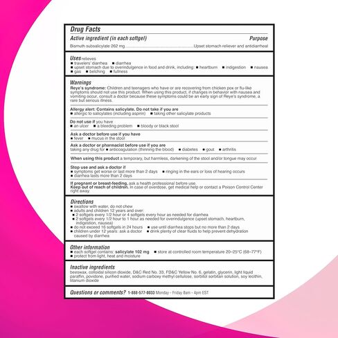 Upset Stomach Relief, Multi-Symptom Relief (48 Softgels), Bismuth Subsalicylate 262mg, Compare to the Active Ingredient in PEPTO-BISMOL® Liquidcaps in Kuwait