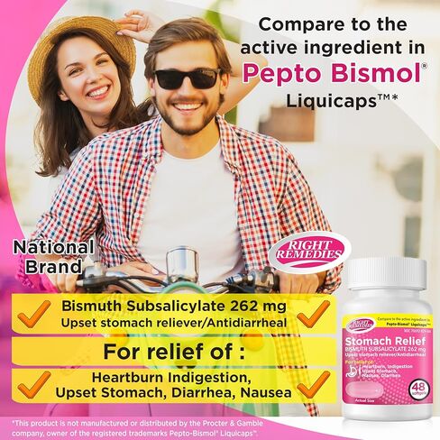 Upset Stomach Relief, Multi-Symptom Relief (48 Softgels), Bismuth Subsalicylate 262mg, Compare to the Active Ingredient in PEPTO-BISMOL® Liquidcaps in Kuwait