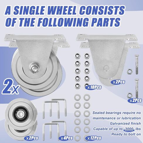 Tatuo 2 Pack 4 "عجلة دوارة لبوابة الأخدود شديدة التحمل، سعة 3000 رطل من الفولاذ المجلفن المزدوج المحمل بمسمار تثبيت خارجي لبوابات المسار V المنزلقة/المقلوبة، بدون لحام، سهلة التركيب in Saudi Arabia