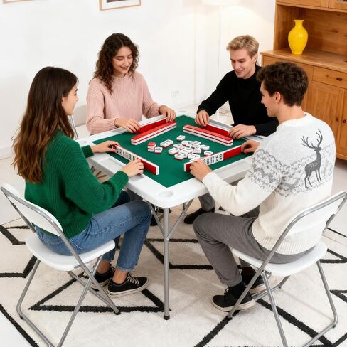 PeakPursuit Mahjong Table 39.4 x 39.4 inch, 4 Player Folding Domino Table with Wear-Resistant Green Tabletop, Portable Square Card Desk with Cup Holders & Chip Trays for Mahjong Poker Puzzles in Saudi Arabia