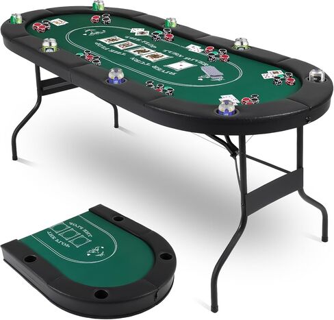 Poker Table Foldable, 72 Inch 8 Player Folding Poker Table, Portable Game Table with Cup Holders, Texas Holdem Poker Tables, Green in Kuwait