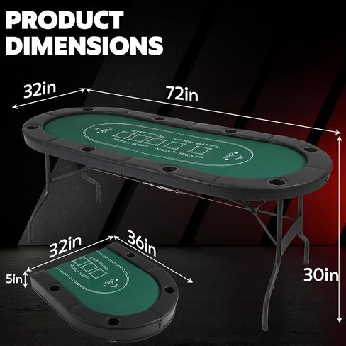 Poker Table Foldable, 72 Inch 8 Player Folding Poker Table, Portable Game Table with Cup Holders, Texas Holdem Poker Tables, Green in Kuwait