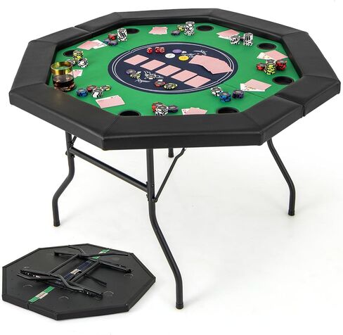Giantex 48" Poker Table Foldable - 8 Player Octagon Texas Holdem Poker Tables w/ 8 Cup Holders, Casino-Grade Felt Surface, Padded Rails, Portable Folding Card Game Table for Blackjack (Green+Black) in Saudi Arabia