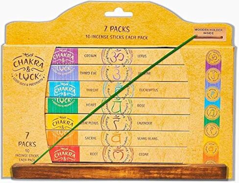 أعواد البخور الطبيعية فائقة الجودة من شاكرا آند لاك | 7 الشاكرات من التاج إلى الجذر | مجموعة هدايا متنوعة مكونة من 70 قطعة مع حامل خشبي إضافي in Kuwait