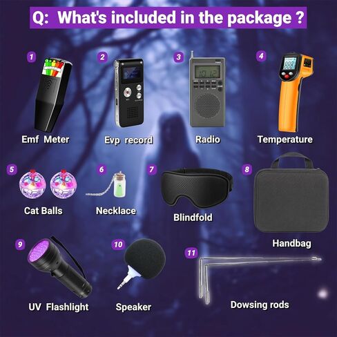 12 in 1 Ghost Hunting Equipment kit,Complete Paranormal Investigation Set with Ghost Box,Temperature Gun,emf Meter,EVP Recorder,uv Flashlight,dowsing rods,cat Balls,Speaker and Blindfold in Kuwait