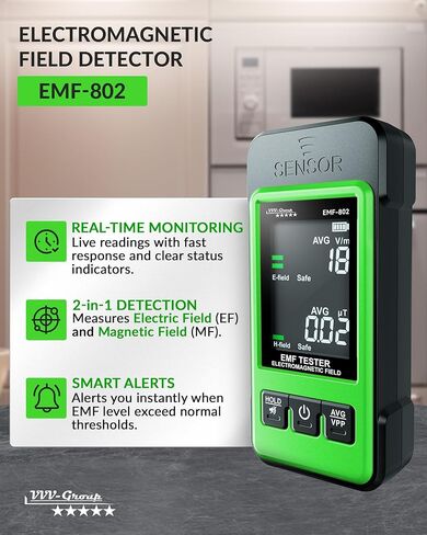 EMF Detector for Home & Office – EMF-802 by VVV-Group | Electric & Magnetic Field Meter with Real-Time Alerts, Avg/Peak Modes, Safety Indicator in Kuwait