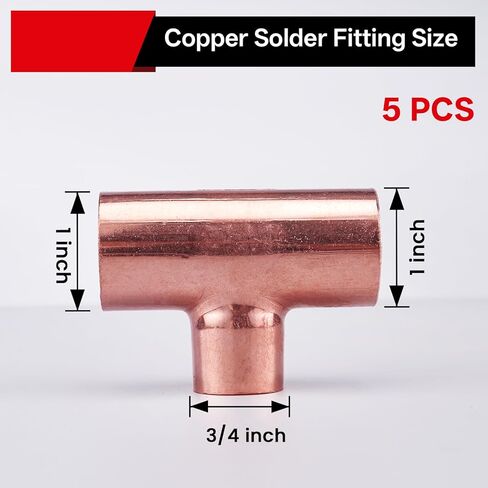 تي شيرت لحام نحاسي للسباكة، 5 قطع 1 × 1 × 3/4 بوصة C x C x C تركيب أنبوب نحاسي عالي التحمل مع وصلة لحام العرق، معتمد من NSF 61 in Kuwait