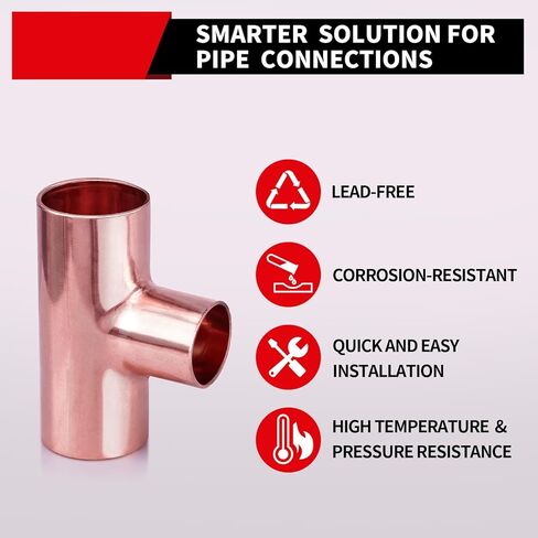 تي شيرت لحام نحاسي للسباكة، 5 قطع 1 × 1 × 3/4 بوصة C x C x C تركيب أنبوب نحاسي عالي التحمل مع وصلة لحام العرق، معتمد من NSF 61 in Kuwait
