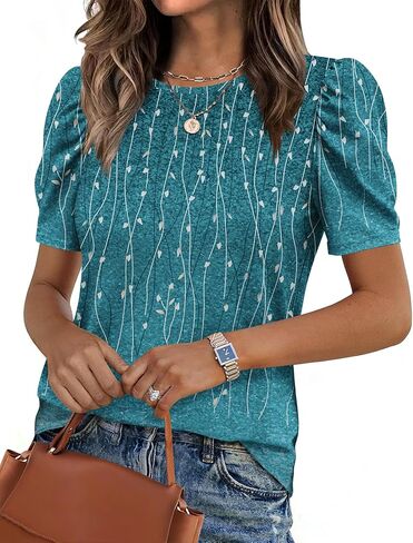 Zeagoo Blouse for Women Dressy Casual Puff Short Sleeve Boho Tops Fashion Floral Crew Neck Tunic Shirts Summer Clothes in Kuwait
