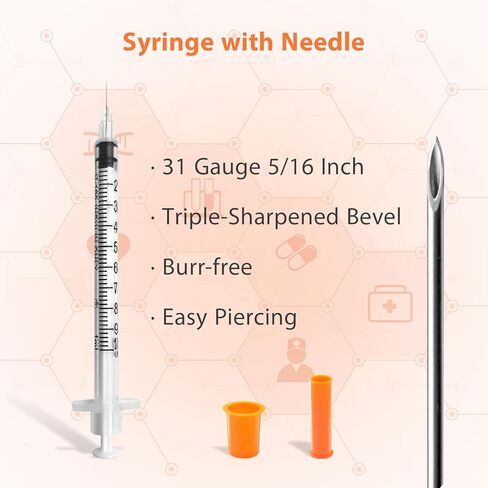 محاقن بإبرة، U-100 1 مل 31G 5/16 بوصة (8 مم) حقنة للاستعمال مرة واحدة، مستلزمات المختبر مغلفة بشكل فردي، عبوة من 30 قطعة in Kuwait
