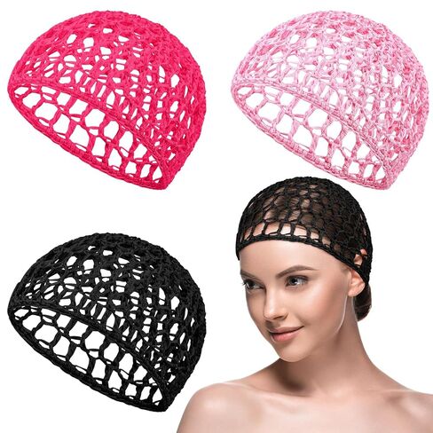 3 Pieces Hair Wrap Net for Sleeping Mesh Crochet Hair Net for Women Rayon Knit Snood Cap Cover Sleep Hat(Black, Pink, Rose Red) in Saudi Arabia