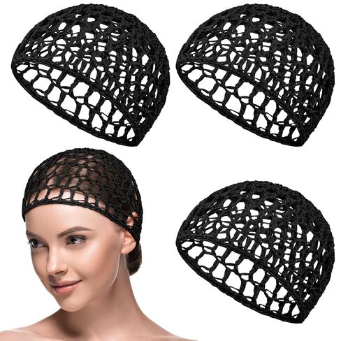 3 Pieces Hair Wrap Net for Sleeping Mesh Crochet Hair Net for Women Rayon Knit Snood Cap Cover Sleep Hat(Black, Pink, Rose Red) in Kuwait