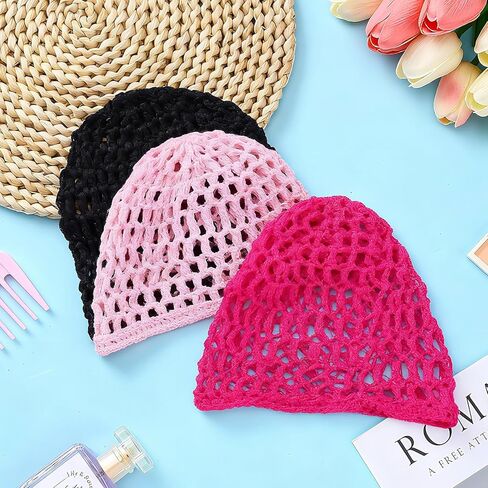 3 Pieces Hair Wrap Net for Sleeping Mesh Crochet Hair Net for Women Rayon Knit Snood Cap Cover Sleep Hat(Black, Pink, Rose Red) in Saudi Arabia