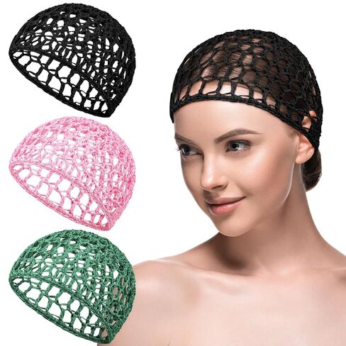 3 Pieces Hair Wrap Net for Sleeping Mesh Crochet Hair Net for Women Rayon Knit Snood Cap Cover Sleep Hat(Black, Pink, Rose Red) in Saudi Arabia
