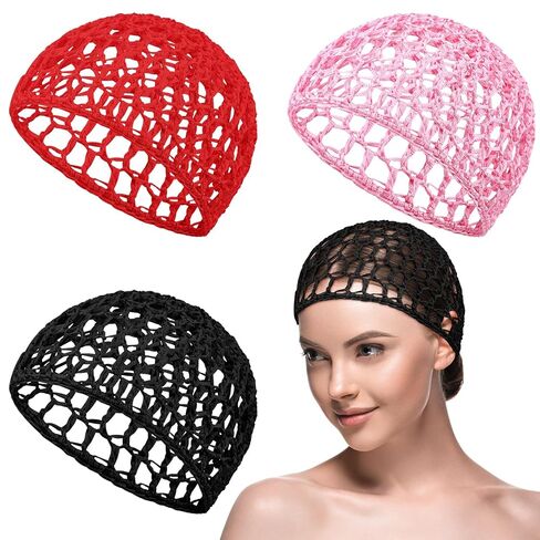 3 Pieces Hair Wrap Net for Sleeping Mesh Crochet Hair Net for Women Rayon Knit Snood Cap Cover Sleep Hat(Black, Pink, Rose Red) in Saudi Arabia