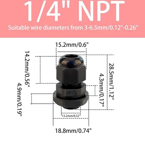 10 قطع من غدد الكابلات السوداء مقاس 1/4 بوصة NPT، مقابض سلك تخفيف الضغط من النايلون المقاوم للماء IP68، موصلات سلكية قابلة للتعديل 3-6.5 مم مع حشوات مطاطية وصواميل للتركيبات الكهربائية لصندوق التوصيل in Kuwait