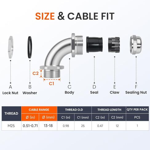 QILIPSU M25 304 Stainless Steel 90 Degree Cable Gland, IP68 Waterproof Right Angle Strain Relief for Electrical Enclosures, Outdoor Wiring and EV Charging in Kuwait