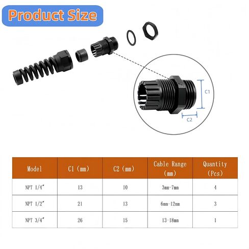 8Pcs Cable Strain Relief Cord Connector NPT 1/4"、NPT 1/2"、NPT 3/4" Cable Gland with Gaskets,Black Nylon Joint Locknut Flex Spiral Wire Adjustable Connector Gytovvvz in Kuwait