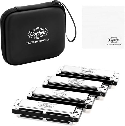 Professional Harmonica Set 4 Pack, 10 Hole 20 Tone Blues Harp in Keys C G D A, Silver Diatonic Mouth Organ Bundle with Stainless Steel Cover for Practice, Studio, Band Jam & Stage Performance in Kuwait