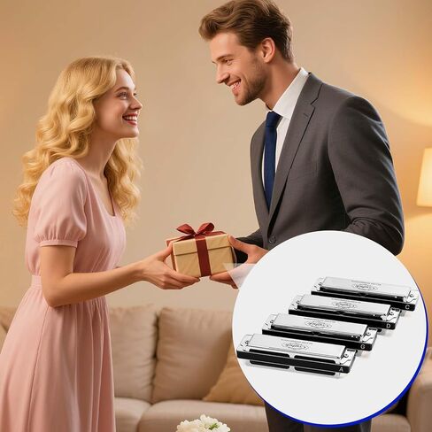 Professional Harmonica Set 4 Pack, 10 Hole 20 Tone Blues Harp in Keys C G D A, Silver Diatonic Mouth Organ Bundle with Stainless Steel Cover for Practice, Studio, Band Jam & Stage Performance in Kuwait