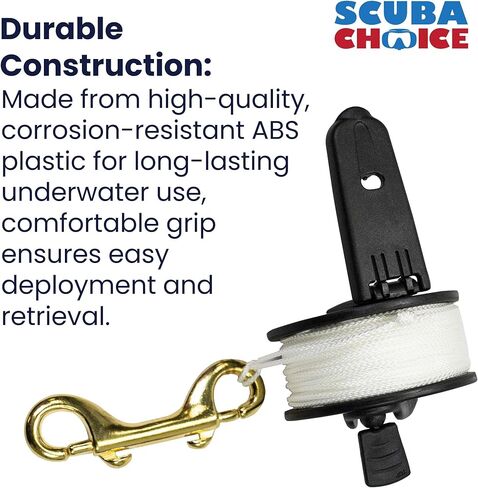 Scuba Choice Finger Spool Reel with Foldable Plastic Handle – 150ft White Line, 4" Brass Double-Ended Clip – Compact Dive Reels for Wreck, Cave & Safety Dives in Saudi Arabia