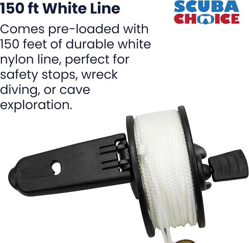 Scuba Choice Finger Spool Reel with Foldable Plastic Handle – 150ft White Line, 4" Brass Double-Ended Clip – Compact Dive Reels for Wreck, Cave & Safety Dives in Saudi Arabia