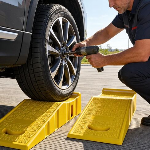 سلالم سيارة OrangeStar لتغيير الزيت والصيانة، 2-حزمة محمولة منخفضة الارتفاع 6 بوصة منحدرات خدمة السيارة للمرآب، منحدرات الإطارات البلاستيكية شديدة التحمل (L35in x W13in x H8in) in Kuwait