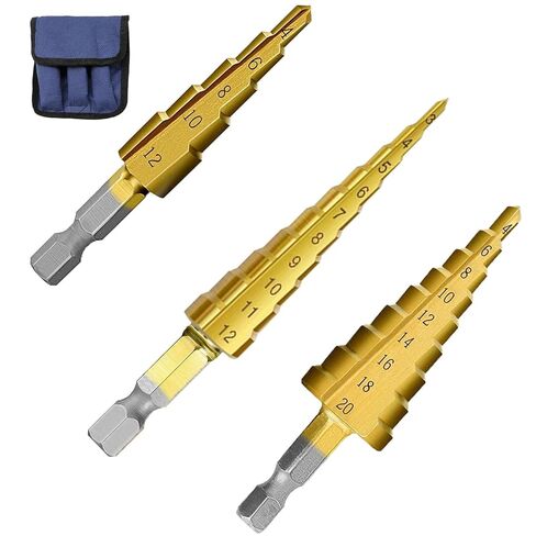 3pcs Metric Step Drill Bit, Hss Step Drill Bit Set High Speed Steel Step Bits Set (Metric 4-12mm, 4-20mm and 4-32 Mm) Cone Metal Drill Bits for Plastic, Wood, Stainless Steel Sheet Metal in Kuwait