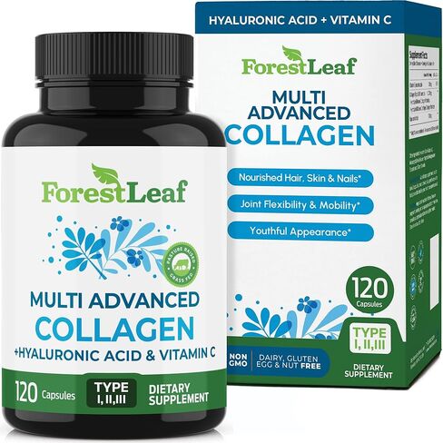 ForestLeaf Multi Collagen Pills with Hyaluronic Acid + Vitamin C | Hydrolyzed Collagen Supplements for Women or Men | Multi Collagen Capsules Peptides for Skin, Wrinkles, 120 Caps in Kuwait