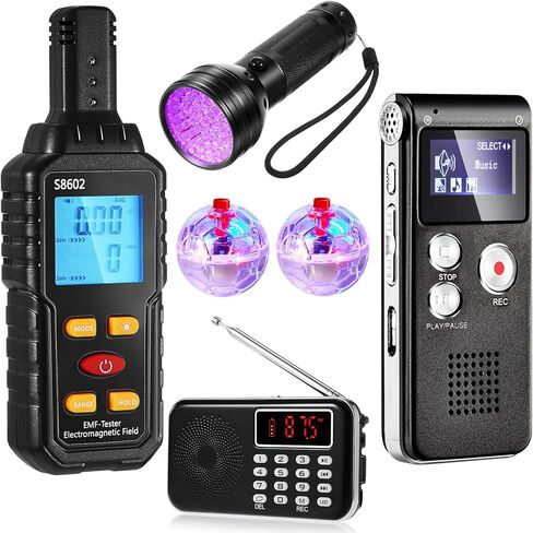 Dunzy 6 Pcs Ghost Hunting Equipment Kit Includes 1 Electromagnetic Paranormal Radiation Detector 1 8gb EVP Digital Recorder 1 Hand Held Radio 1 UV Flashlight 2 LED Light up Cat Balls in Saudi Arabia