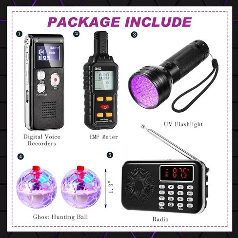 Dunzy 6 Pcs Ghost Hunting Equipment Kit Includes 1 Electromagnetic Paranormal Radiation Detector 1 8gb EVP Digital Recorder 1 Hand Held Radio 1 UV Flashlight 2 LED Light up Cat Balls in Saudi Arabia