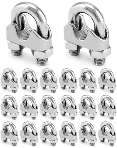 QWORK 1/2" Wire Rope Clamp Clip M12, 20 Pack Large U Bolt Saddle Guy Fastener, 304 Stainless Steel Fastener Cable Clamps, Connect 2 Layers of Wire to Form a Loop in Saudi Arabia