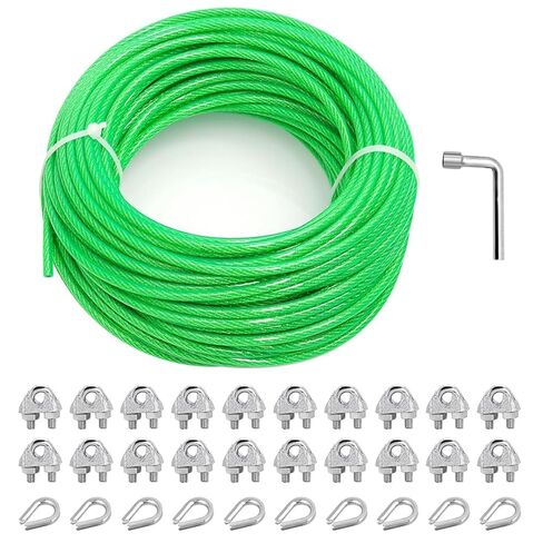 1/8" Wire Rope Cable Clip Clamp, 100 Ft Green PVC Coated Steel Cable Kit, Multi-use Guide Wires for String Light Hanging Kit/Clothesline Wire for T Post/Climbing Grapevines Plants Outdoor in Kuwait