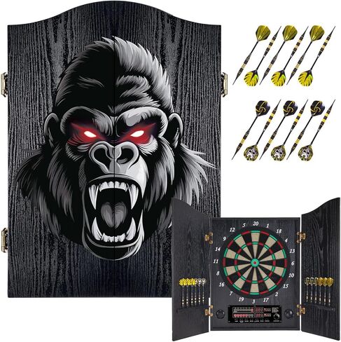 لوحة رمي السهام الإلكترونية، مجموعة خزانة لوحة رمي السهام المزخرفة للبالغين [12 * سهام ذات أطراف ناعمة برونزية] [وضع لعبة الكريكيت] - خزانة لوح رمي السهام الكهربائية الخشبية لغرف الألعاب العائلية - غوريلا in Kuwait