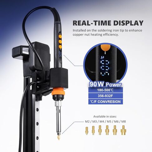 آلة ضغط أداة إدخال مجموعة الحرارة العمودية مع مكواة لحام 90 وات، أطراف ضبط الحرارة M2-M8، 30 قطعة صواميل نحاسية مترابطة للجزء المطبوع ثلاثي الأبعاد (Nutopress Pro) in Kuwait