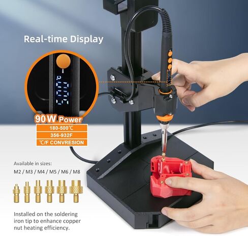 آلة ضغط أداة إدخال مجموعة الحرارة العمودية، مع مكواة لحام 90 وات، 30 قطعة من إدراجات النحاس الملولبة، أطراف ضبط الحرارة (M3/M4/M5/M6/M8)، للمكونات المطبوعة ثلاثية الأبعاد، 95% مجمعة مسبقًا in Kuwait