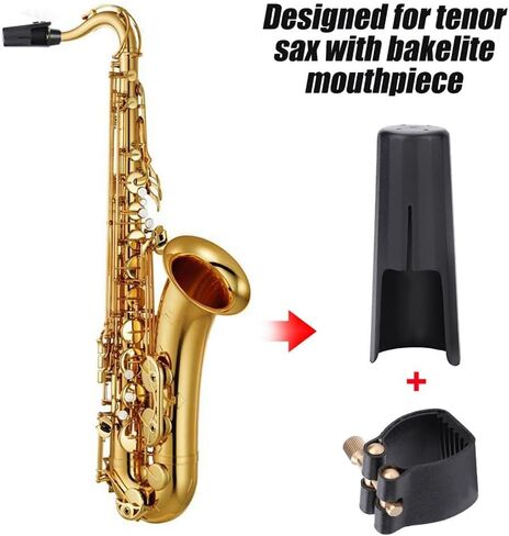 مجموعة غطاء قطعة الفم لتينور ساكس - رباط من جلد البولي يوريثان مع غطاء بلاستيكي | حامل قصب متين لتعزيز الصوت وحماية قطعة الفم (أسود)‌ in Kuwait