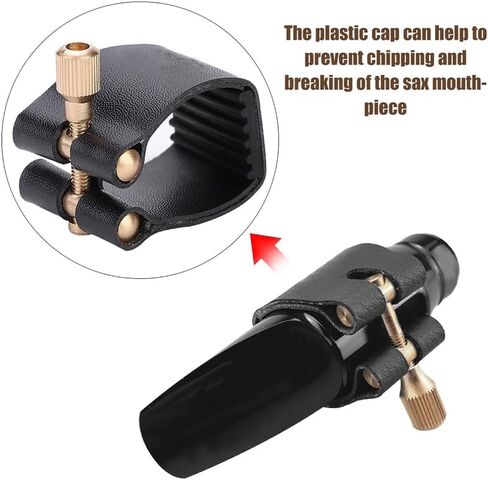 مجموعة غطاء قطعة الفم لتينور ساكس - رباط من جلد البولي يوريثان مع غطاء بلاستيكي | حامل قصب متين لتعزيز الصوت وحماية قطعة الفم (أسود)‌ in Kuwait