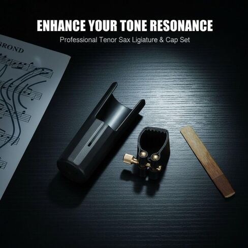 مجموعة غطاء قطعة الفم لتينور ساكس - رباط من جلد البولي يوريثان مع غطاء بلاستيكي | حامل قصب متين لتعزيز الصوت وحماية قطعة الفم (أسود)‌ in Kuwait