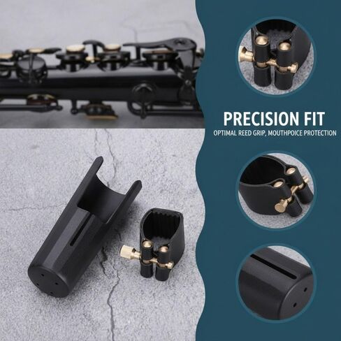 مجموعة غطاء قطعة الفم لتينور ساكس - رباط من جلد البولي يوريثان مع غطاء بلاستيكي | حامل قصب متين لتعزيز الصوت وحماية قطعة الفم (أسود)‌ in Kuwait