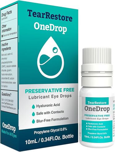 TearRestore OneDrop Preservative Free Eye Drops for Dry Eyes, Advanced Artificial Tears Formula, Safe for Contacts, Blur-Free Relief for Severe Dryness, Daily Lubricating Eyedrops for Soothing Comfort in Kuwait