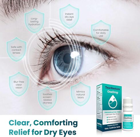 TearRestore OneDrop Preservative Free Eye Drops for Dry Eyes, Advanced Artificial Tears Formula, Safe for Contacts, Blur-Free Relief for Severe Dryness, Daily Lubricating Eyedrops for Soothing Comfort in Kuwait