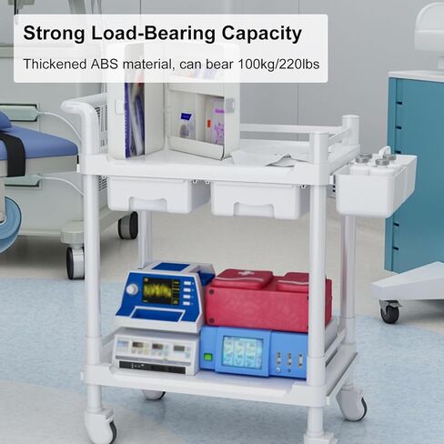 Mobile Trolley Cart, 2-Shelf Lab Cart, Beauty Salon Storage Cart, Utility Cart with 4 Silent Wheels, Drawer, Dirt Basin, Storage Box, for Dental H in Saudi Arabia