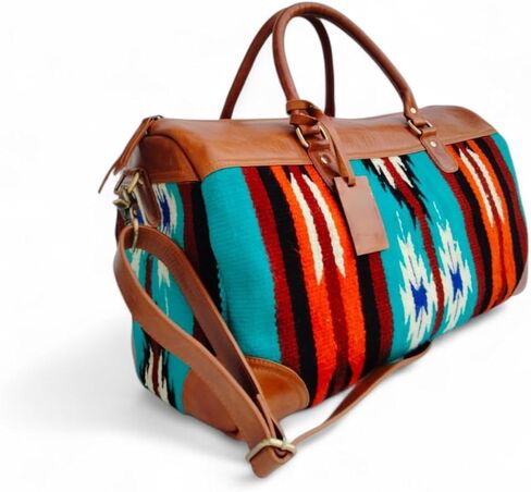 Handmade Kilim & Genuine Leather Duffle Bag | Large 22-inch Boho Weekender Travel Bag | Ethnic Handwoven Overnight Bag for Men & Women | Turquoise Southwest Pattern Gym & Cabin Luggage in Saudi Arabia